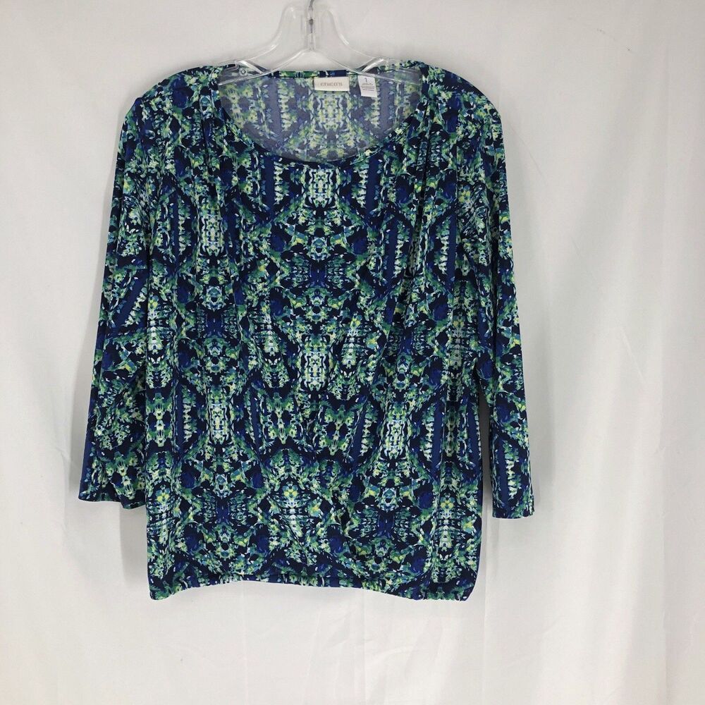 Chico's Sz 1 Green Blue Print Layered Faux Wrap Blouse